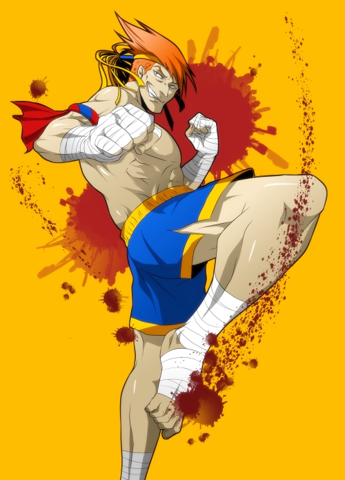 1boy, adon, ankle_wraps, armband, blood, blood_splatter, grin, headband