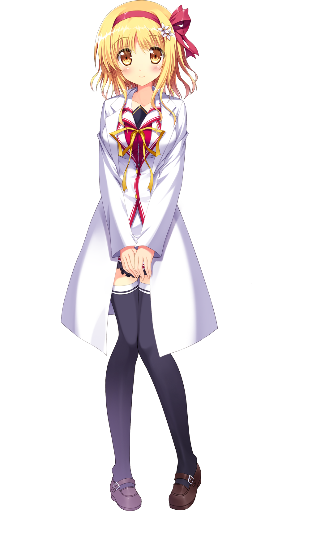 1girl, black_legwear, blonde_hair, highres, knees_together_feet_apart, koiken_otome, labcoat, school_uniform
