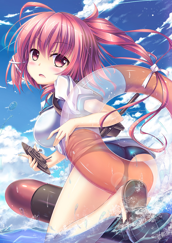 1girl, ass, back, blue_sky, blush, breasts, clouds, hair_ornament