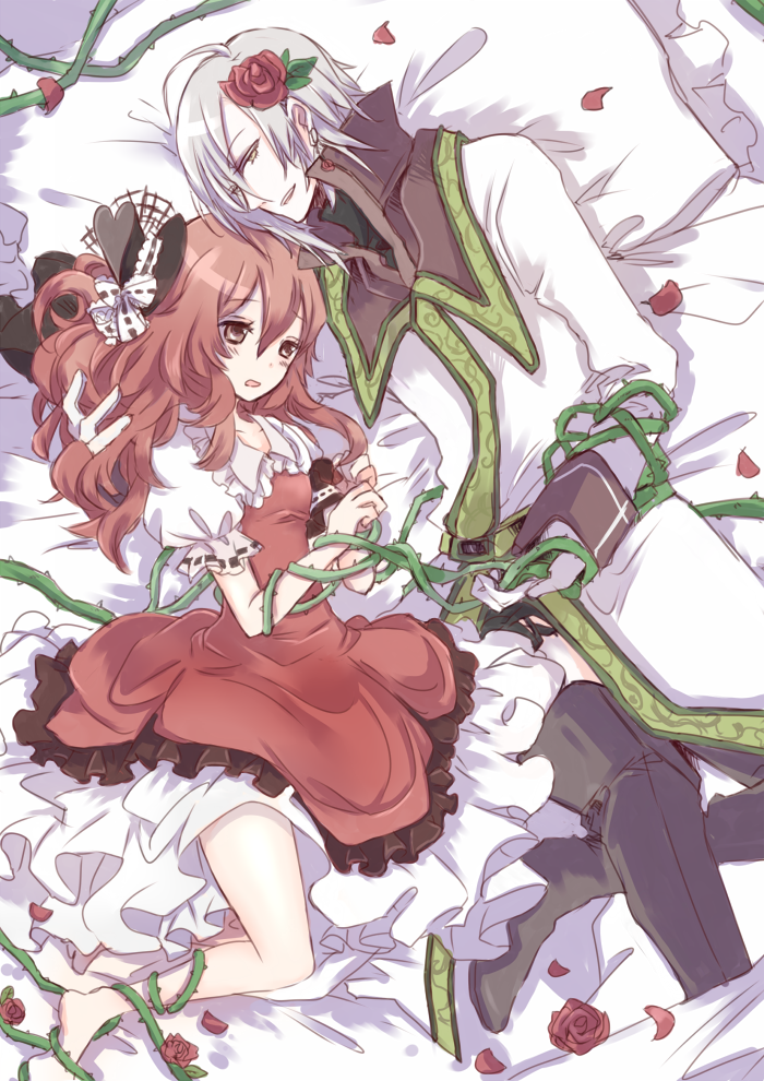 1boy, 1girl, ascot, bed, black_legwear, boots, brown_eyes, brown_hair