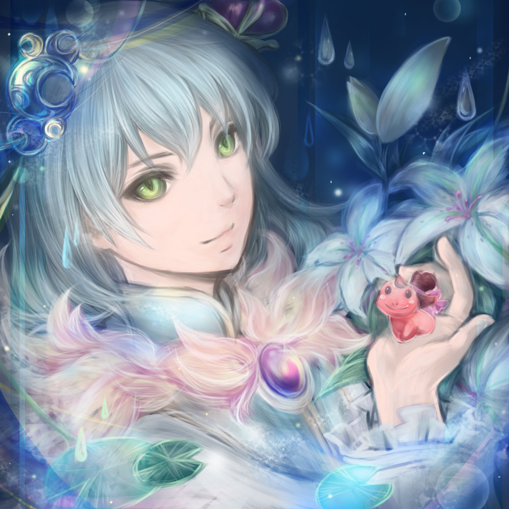 1boy, creature, crown, flower, frog_prince_(zettai_meikyuu_grimm), fur_trim, gem, green_eyes, grey_hair, hoshino_chika, lily_(flower), lily_pad, male, mini_crown, smile, solo, zettai_meikyuu_grimm