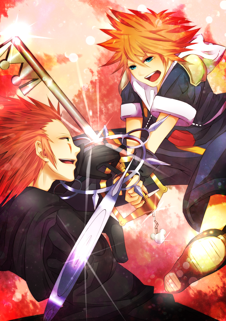 2boys, axel, blue_eyes, brown_hair, chakrams, cloak, facial_mark, fighting