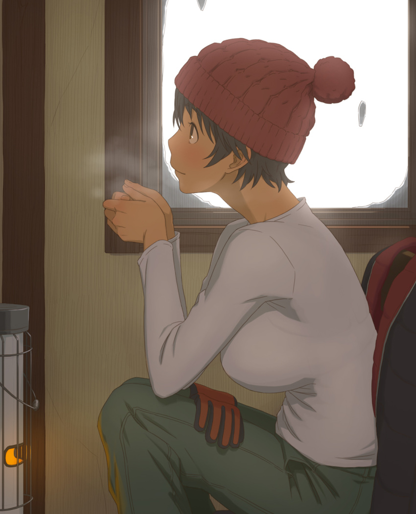 1girl, beanie, black_hair, blush, breasts, breath, casual, cold