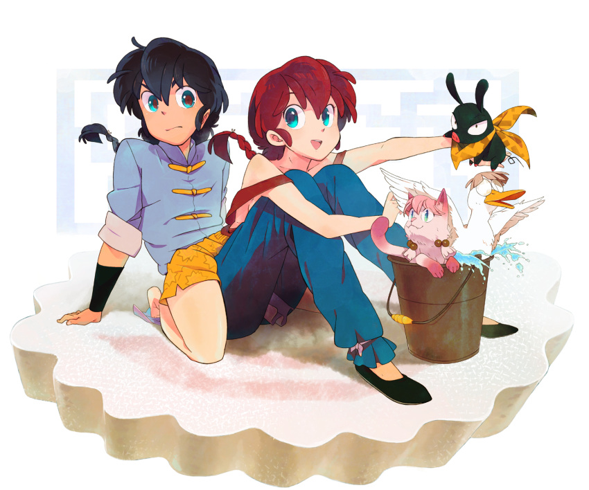 1boy, 1girl, apple-boy, bare_legs, bird, blue_eyes, braid, bucket