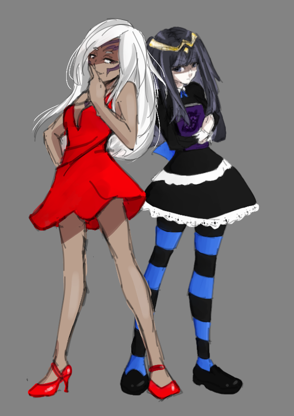 2girls, black_hair, book, cosplay, dark_skin, dress, facial_tattoo, fire_emblem