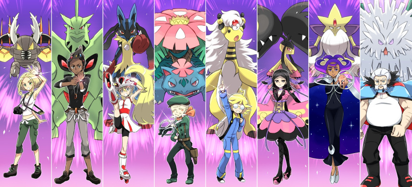 4boys, 4girls, abomasnow, alakazam, ampharos, backpack, bag, beard, bicycle_helmet, bike_shorts, black_hair, blonde_hair, camera, citron_(pokemon), dark_skin, facial_hair, fingerless_gloves, fukuji_(pokemon), furisode, glasses, gloves, gojika_(pokemon), gym_leader, hair_ornament, helmet, highres, japanese_clothes, kimono, koruni_(pokemon), long_hair, long_sleeves, looking_at_viewer, lucario, mache_(pokemon), mawile, mega_abomasnow, mega_alakazam, mega_ampharos, mega_lucario, mega_mawile, mega_pinsir, mega_tyranitar, mega_venusaur, multiple_boys, multiple_girls, open_mouth, pinsir, pokemon, pokemon_(creature), pokemon_(game), pokemon_xy, ponytail, roller_skates, scissors, short_hair, skates, skin_tight, skirt, smile, soumendaze, two_side_up, tyranitar, urup_(pokemon), venusaur, viola_(pokemon), white_hair, zakuro_(pokemon)