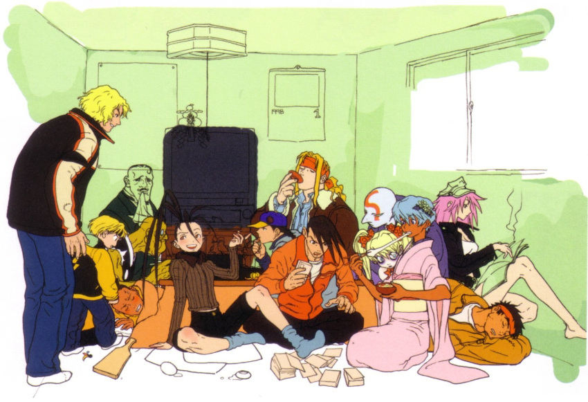 4girls, 6+boys, albino, alex, alternate_costume, black_hair, blonde_hair, blush