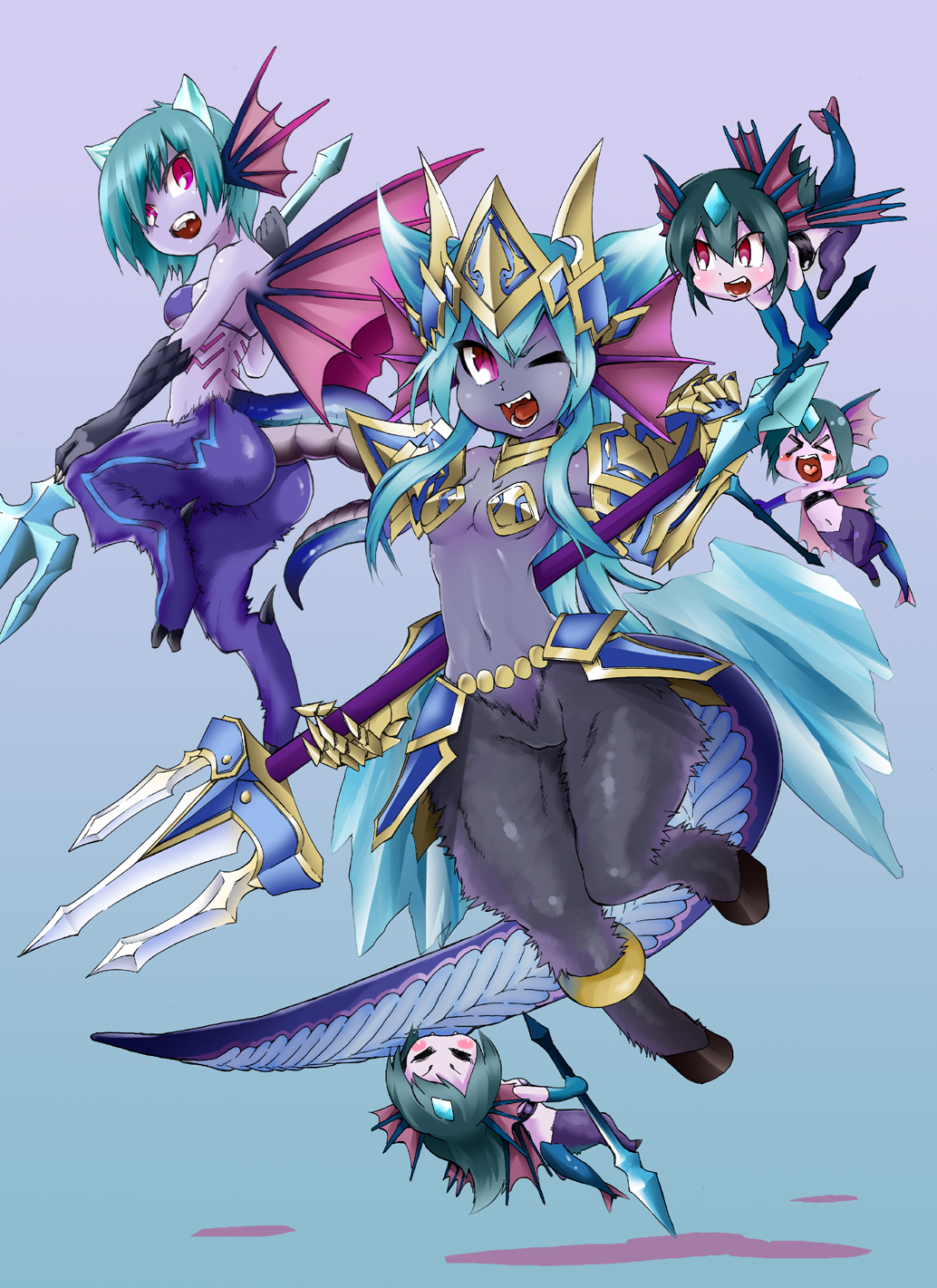 >_<, 5girls, ;d, armor, bikini_top, biting, blue_hair, blue_skin