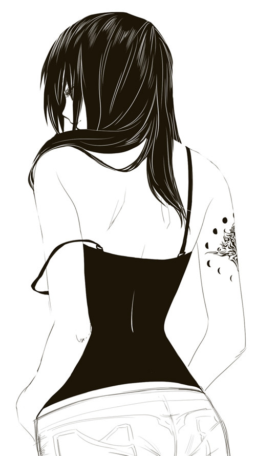 1girl, back, bangs, black_hair, camisole, from_behind, hair_over_eyes, hair_over_shoulder
