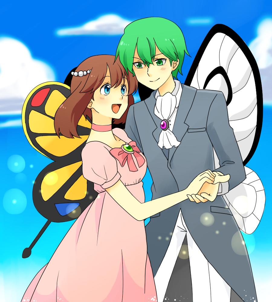 1boy, 1girl, :d, beautifly, blue_eyes, blush, bow, brown_hair