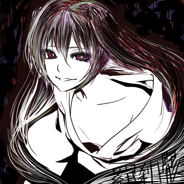 1girl, abstract_background, alternate_costume, black_hair, copyright_name, creepy, hatsune_miku, japanese_clothes