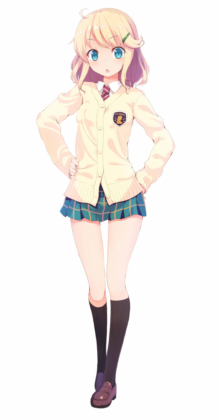 1girl, aqua_eyes, blonde_hair, cardigan, chestnut_mouth, esia_mariveninne, female, hair_ornament