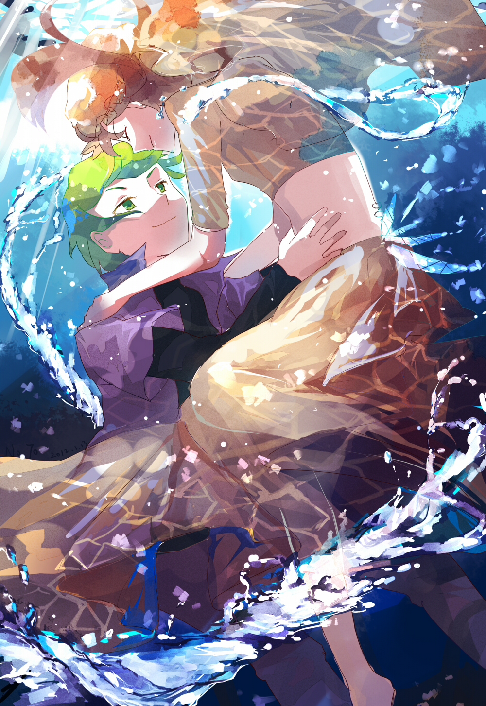 1boy, 1girl, arabian_clothes, brown_hair, closed_eyes, couple, green_eyes, green_hair