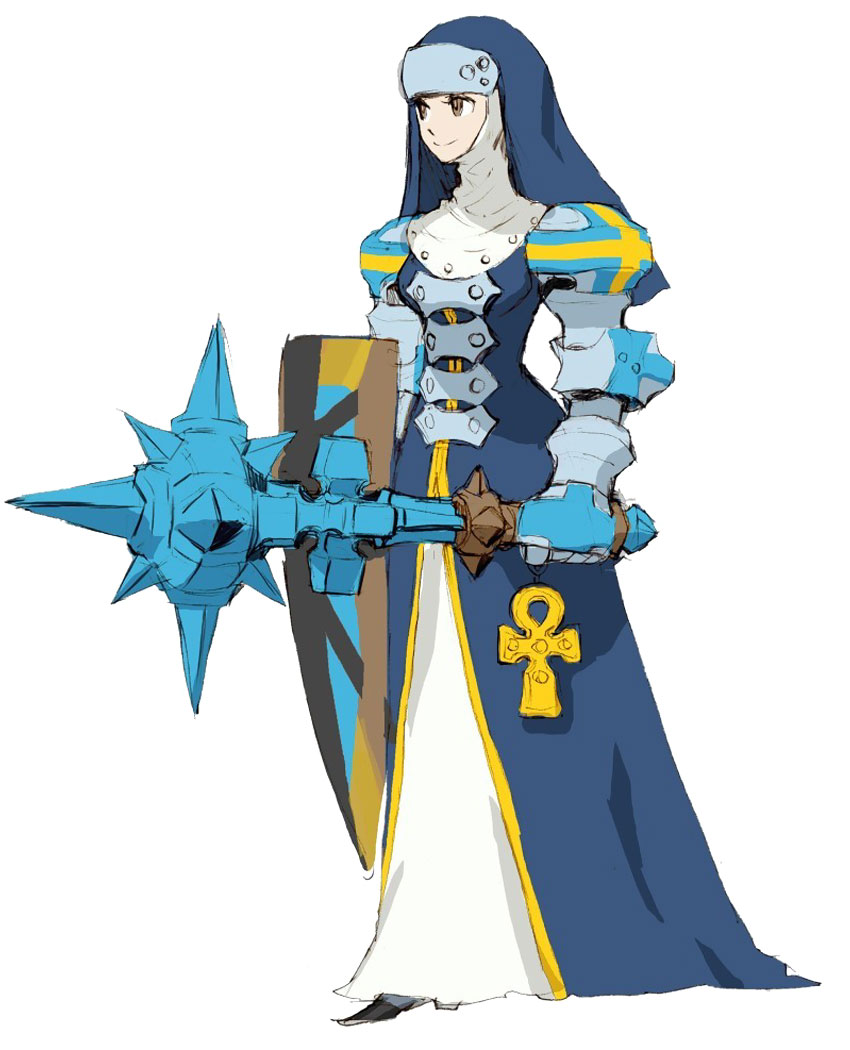 1girl, armor, armored_dress, brown_eyes, code_of_princess, cross, forehead_protector, gauntlets