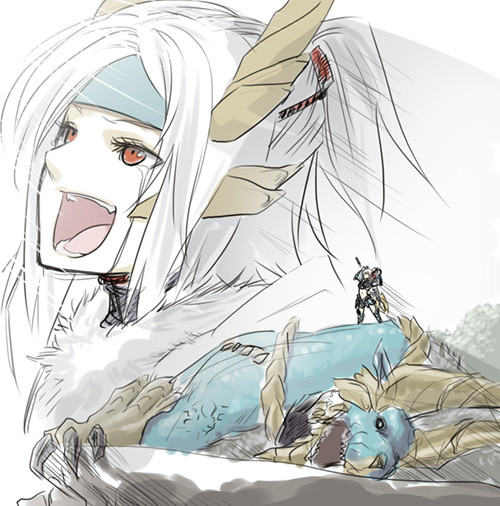 1girl, choker, claws, cliff, death, eyelashes, fangs, fur_trim