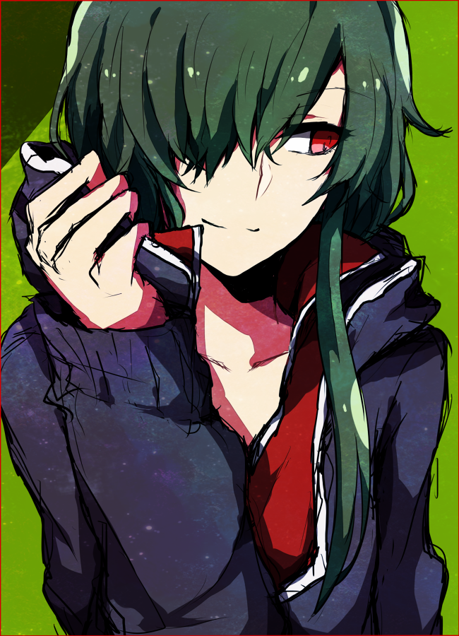 1girl, green_hair, hair_over_one_eye, hand_on_own_face, hoodie, kagerou_project, kido_tsubomi, long_hair