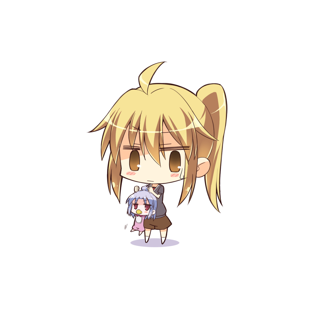 2girls, ahoge, baby, blonde_hair, blush_stickers, chibi, gia_kon, kagayama_kaede