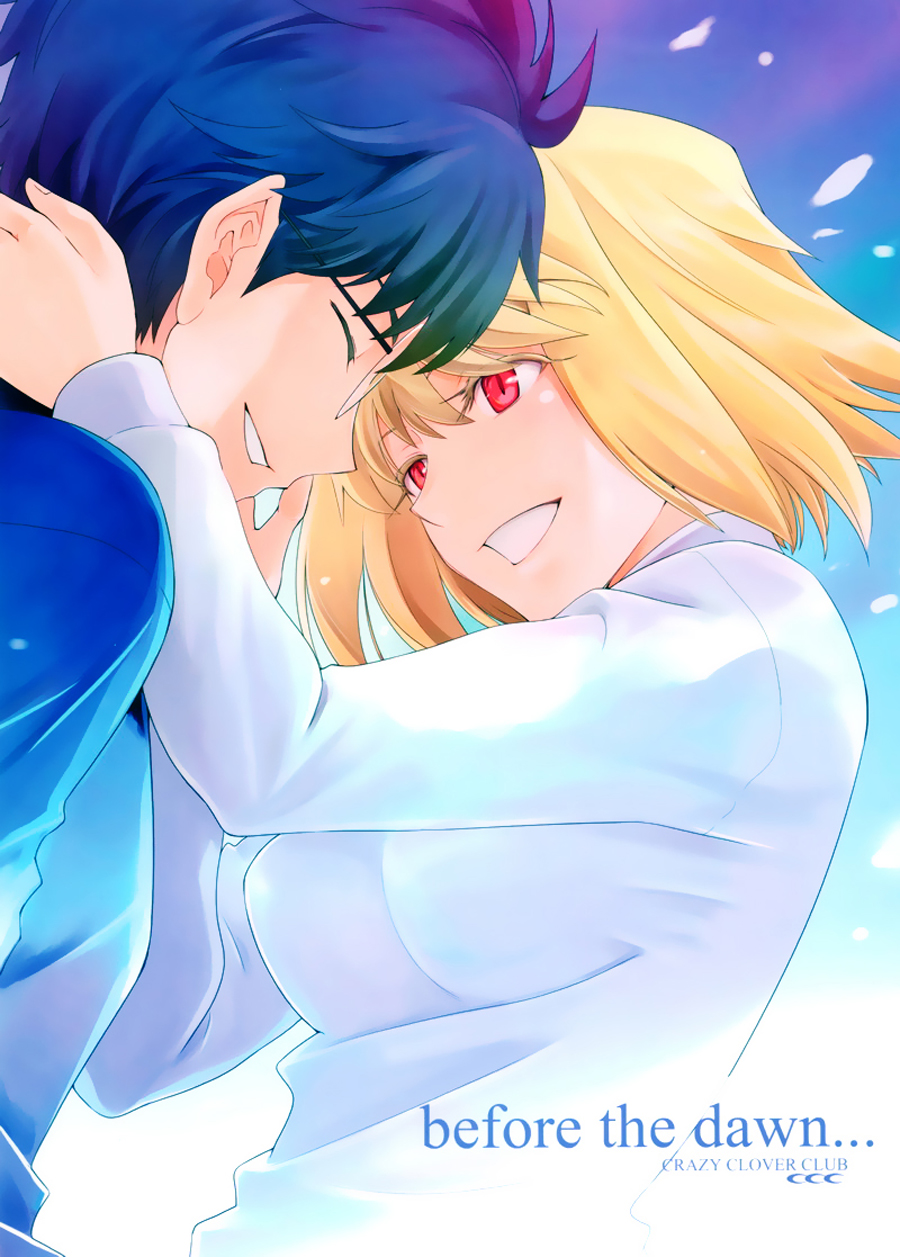 1boy, 1girl, arcueid_brunestud, blonde_hair, breasts, couple, glasses, hands_on_another's_neck