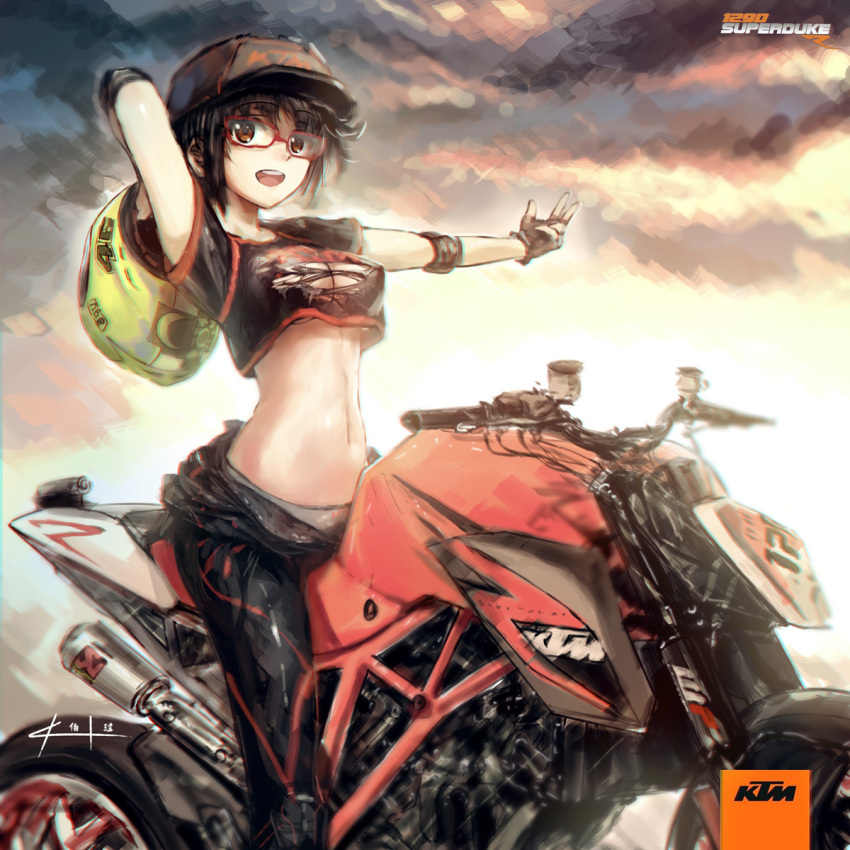 1girl, :d, black_hair, brown_eyes, clouds, crop_top, fingerless_gloves, glasses