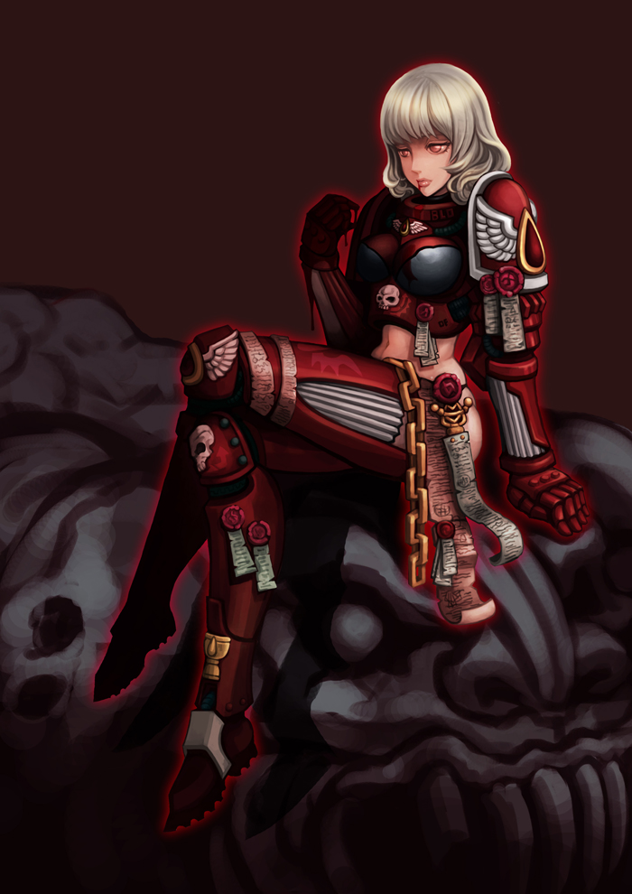 1girl, adapted_costume, armor, blood, blood_angels, blood_from_mouth, boots, breasts, gauntlets, genderswap, gloves, heresy, l_axe, midriff, navel, pauldrons, pink_eyes, power_armor, purity_seal, short_hair, skull, solo, space_marine, thigh_boots, thighhighs, warhammer_40k, white_hair