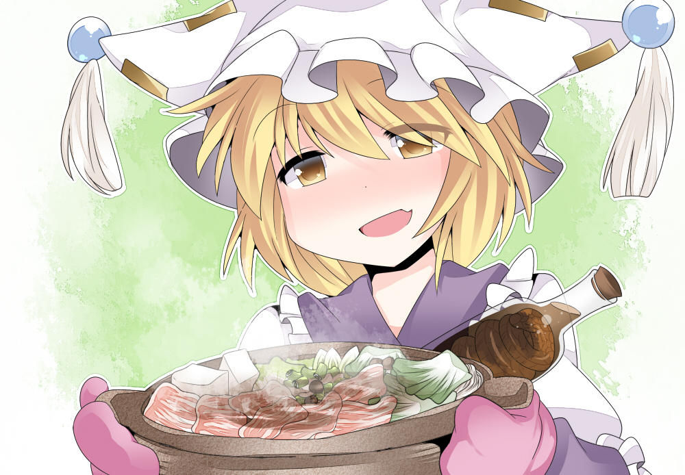 1girl, alcohol, animal_ears, blonde_hair, bottle, cooking_pot, dress, food, gloves, hammer_(sunset_beach), hat, meat, nabe, open_mouth, pot, short_hair, smile, snake, snake_wine, solo, tabard, tofu, touhou, yakumo_ran, yellow_eyes