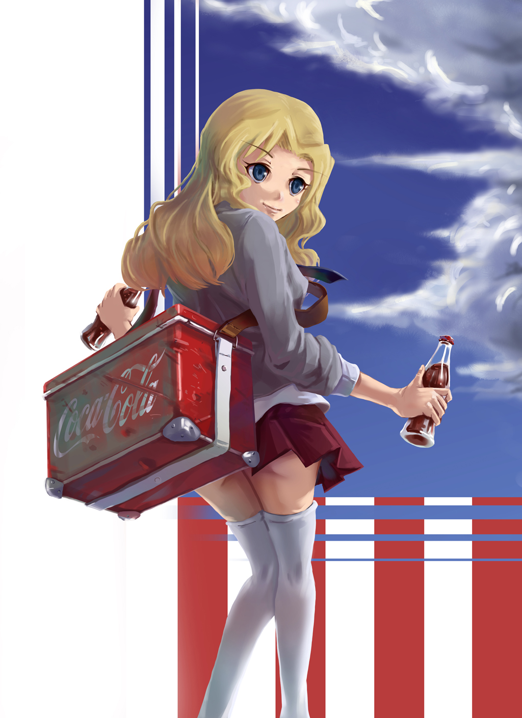 1girl, blonde_hair, blue_eyes, bottle, coca-cola, cooler, gameplay_mechanics, girls_und_panzer, highres, jacket, kay_(girls_und_panzer), logo, long_hair, necktie, rod_lin, school_uniform, skirt, smile, soda, solo, strap, thighhighs, uniform, wavy_hair, world_of_tanks