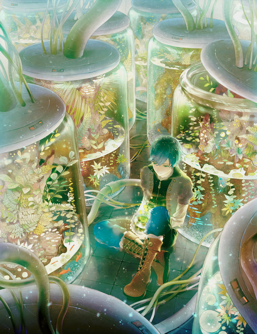 ame_(artist), ame_(conronca), aquarium, blue_hair, boots, cross-laced_footwear, fish, green_eyes