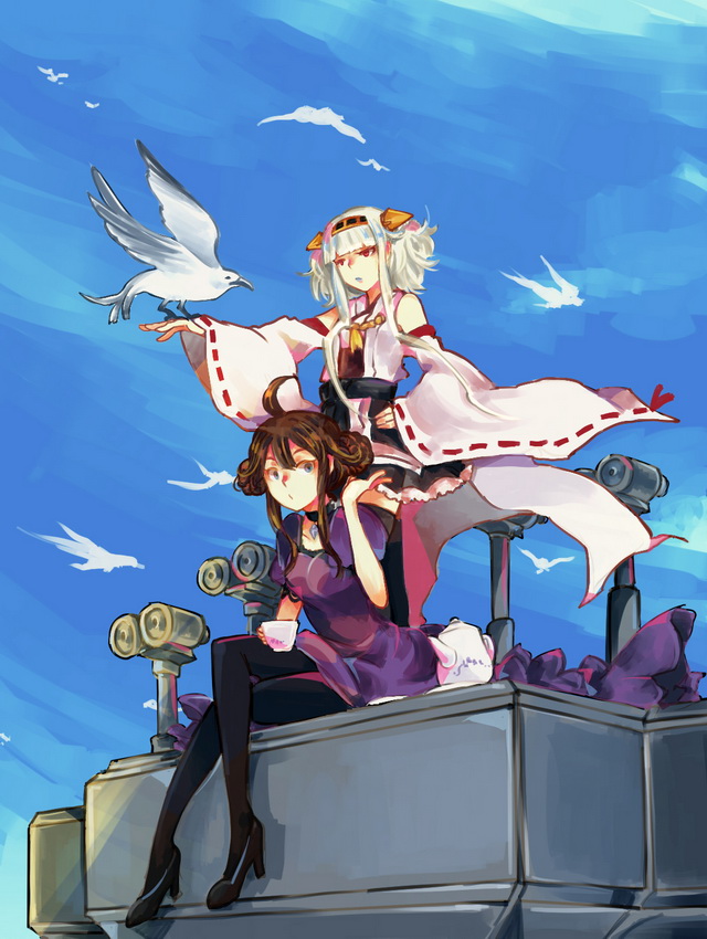 2girls, aoki_hagane_no_arpeggio, bird, blonde_hair, cosplay, costume_switch, crossover, cup