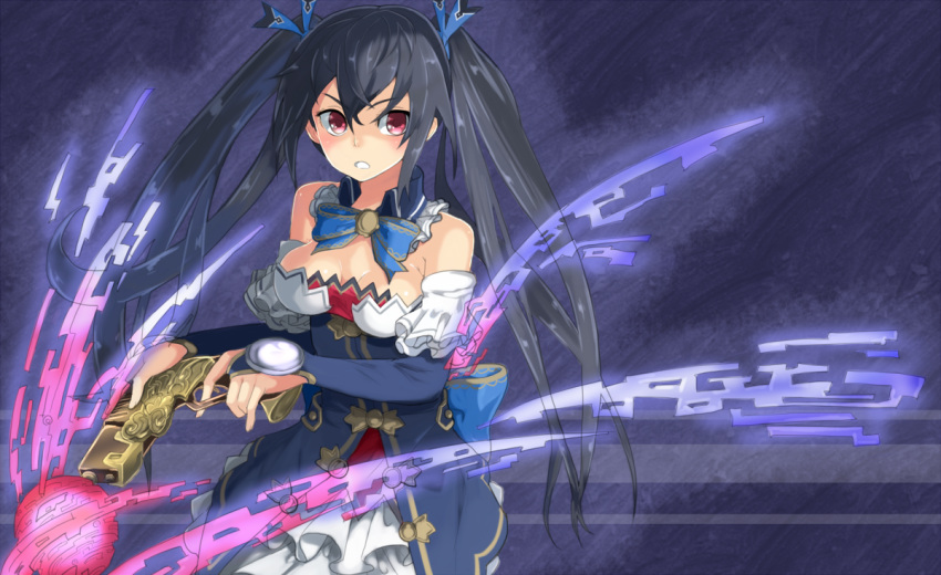 1girl, black_hair, breasts, choujigen_game_neptune, gun, hair_ornament, hogi, long_hair