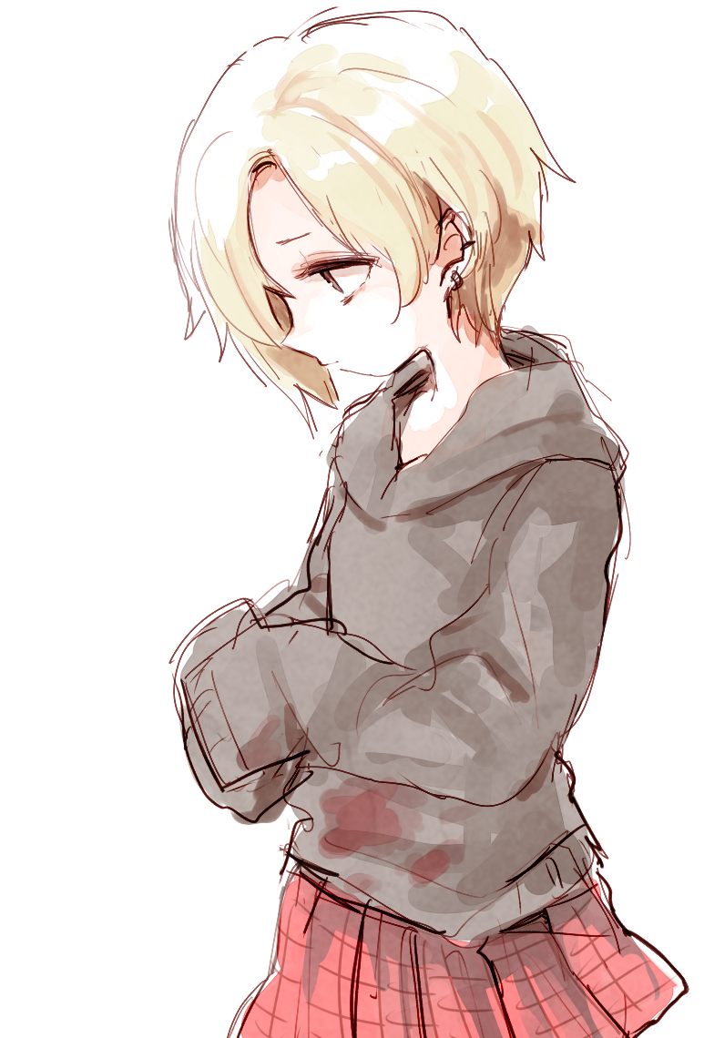 1girl, bags_under_eyes, blonde_hair, earrings, furorida, hair_over_one_eye, hoodie, idolmaster
