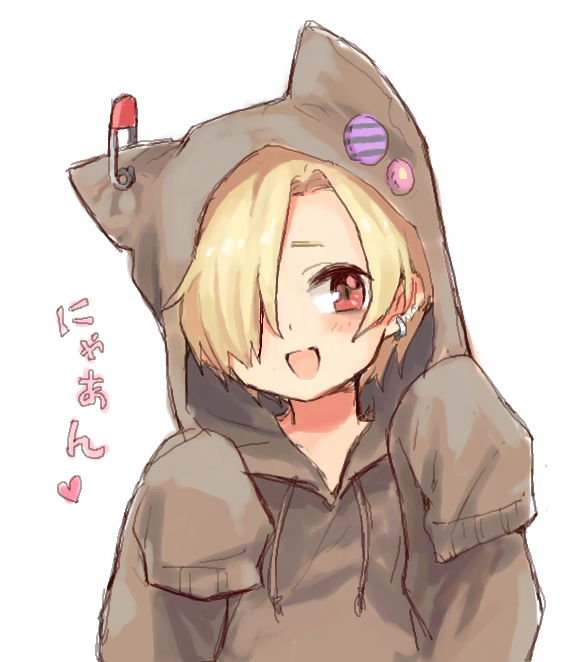 1girl, animal_ears, animal_hood, bags_under_eyes, blonde_hair, blush, cat_ears, cat_hood