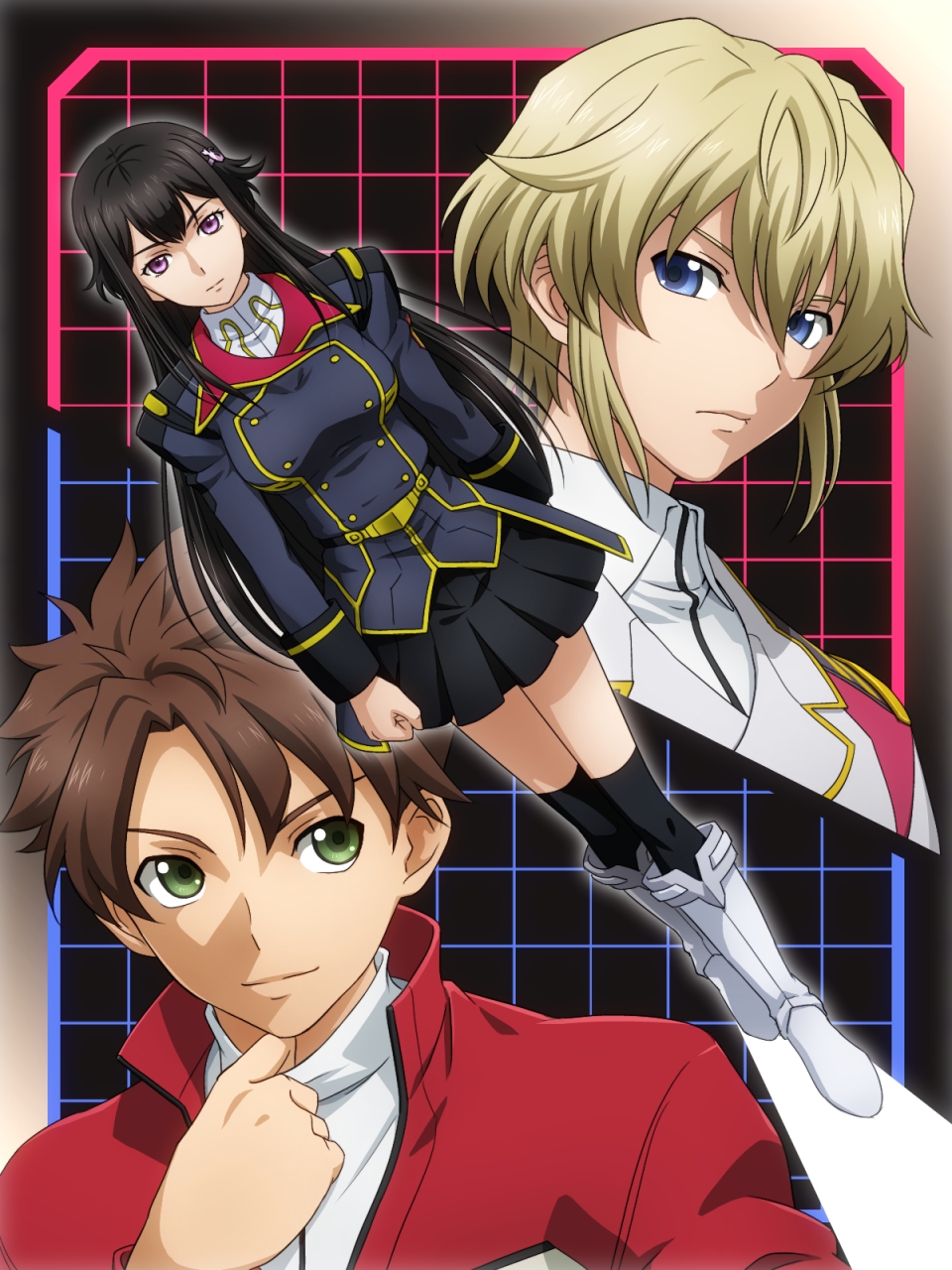 1girl, 2boys, black_hair, black_legwear, blonde_hair, blue_eyes, boots, brown_hair