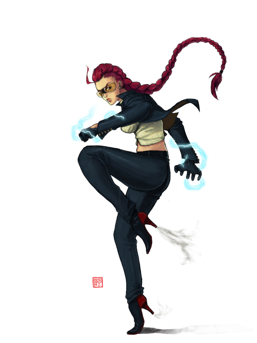 1girl, ahoge, black_gloves, breasts, crimson_viper, cross_earrings, earrings, electricity