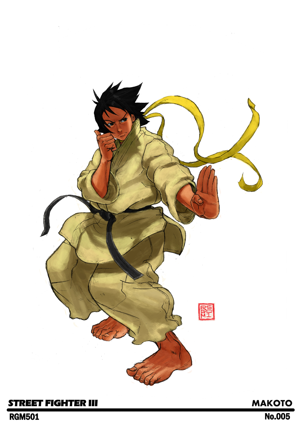 1girl, barefoot, black_hair, dougi, fighting_stance, highres, makoto, rgm501, scarf, short_hair, solo, street_fighter
