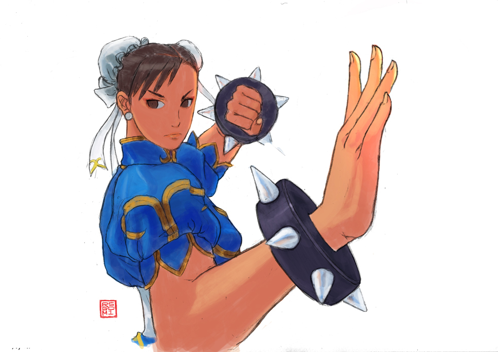 1girl, bracelet, brown_eyes, brown_hair, bun_cover, bust, chun-li, double_bun
