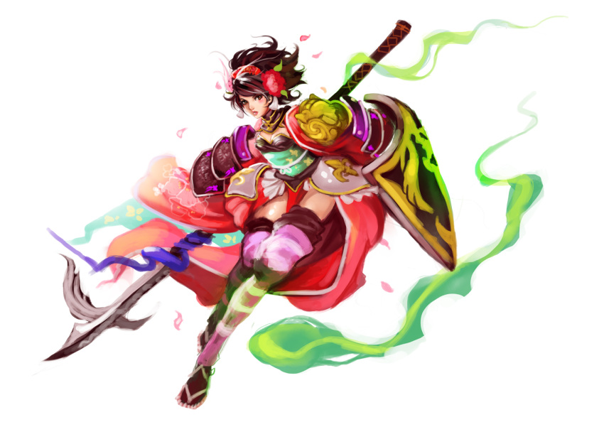 1girl, agarest_senki, agarest_senki_(series), armor, black_hair, brown_eyes, elaine_(agarest_senki), flower