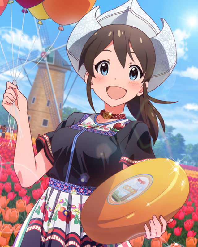 1girl, :d, balloon, blue_eyes, blush, brown_hair, cheese, cheese_wheel