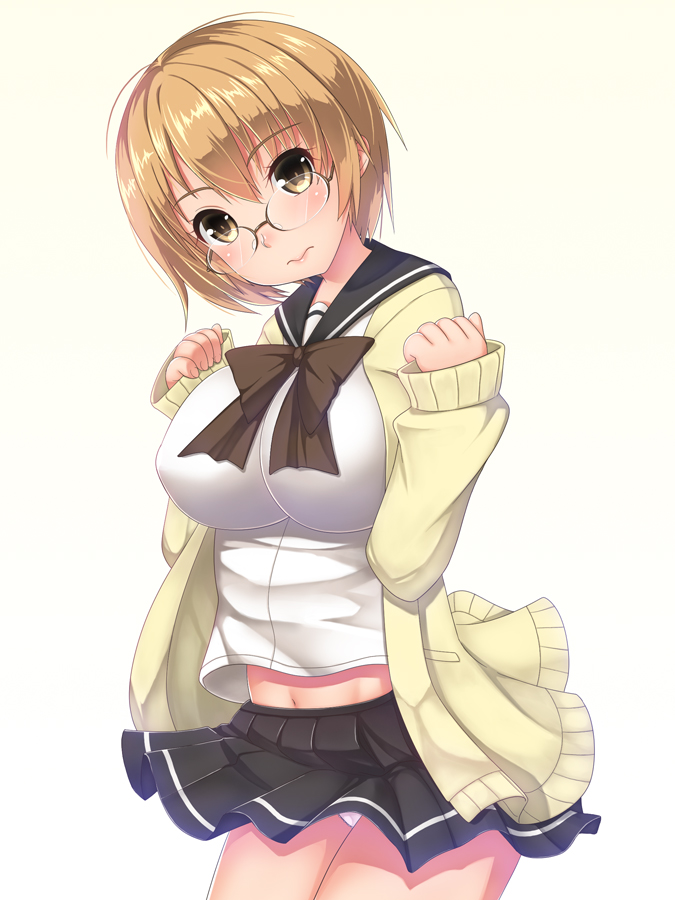 1girl, brown_eyes, brown_hair, cardigan, glasses, minazuki_minao, original, school_uniform