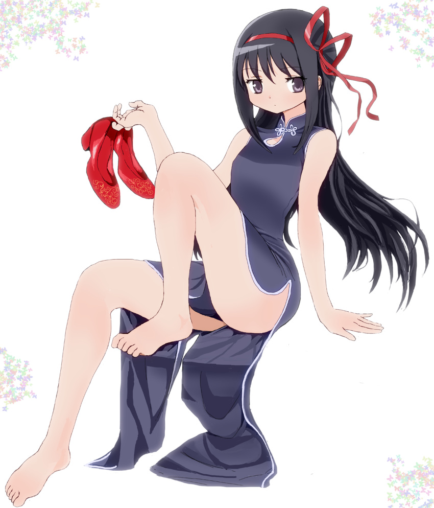 1girl, akemi_homura, bare_legs, barefoot, black_hair, china_dress, chinese_clothes, highres