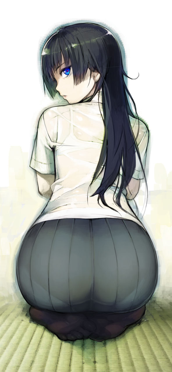 1girl, ass, black_hair, blue_eyes, bra, from_behind, highres, kneeling, long_hair, looking_back, mitsurugi_yoishi, namaniku_atk, panties, panties_under_pantyhose, pantyhose, pantylines, phenomeno, revision, see-through, seiza, sitting, skirt, solo, underwear