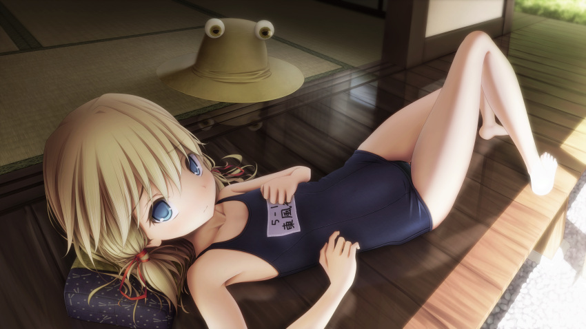 1girl, blonde_hair, blue_eyes, child, hair_ribbon, hat, hat_removed, headwear_removed