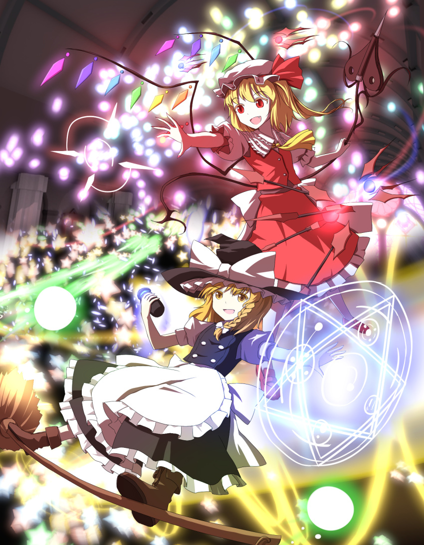 2girls, apron, ascot, black_dress, blonde_hair, bow, braid, broom, broom_surfing, danmaku, dress, fang, flandre_scarlet, hat, hat_bow, highres, kirisame_marisa, laevatein, magic, magic_circle, minust, mob_cap, multiple_girls, open_mouth, puffy_sleeves, red_dress, red_eyes, sash, shirt, short_sleeves, side_ponytail, single_braid, smile, touhou, waist_apron, wings, witch_hat, yellow_eyes