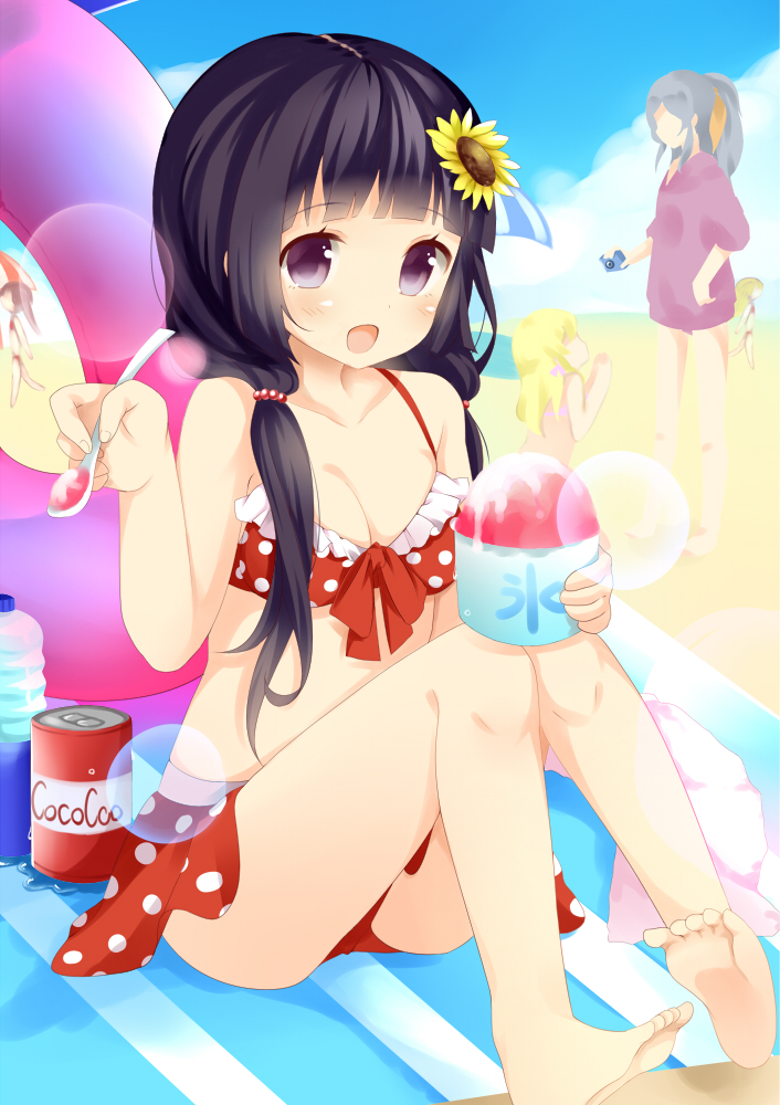 5girls, ak1222dece, barefoot, beach, bikini, black_hair, breasts, cleavage