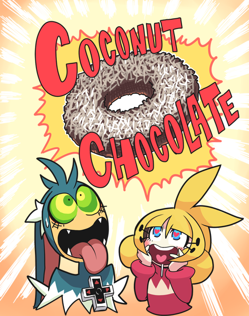1boy, 1girl, antenna_hair, bat_ears, blonde_hair, blue_eyes, blush, chocolate