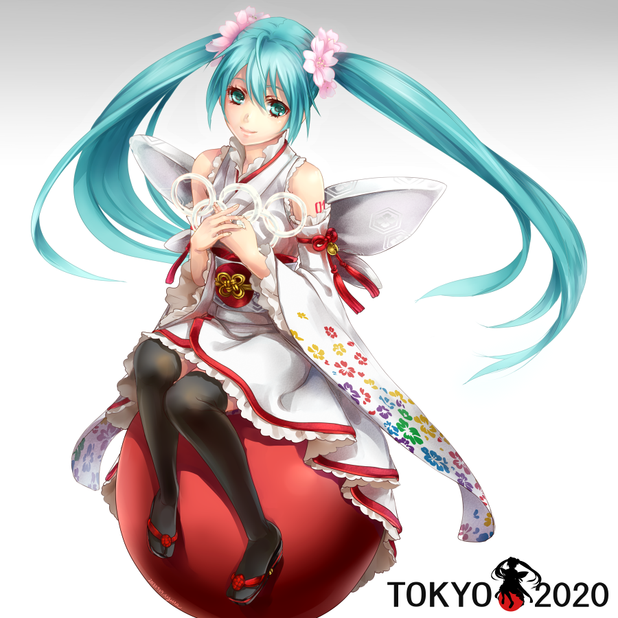1girl, 2020, 2020_summer_olympics, aqua_eyes, aqua_hair, black_legwear, detached_sleeves, flower, hair_flower, hair_ornament, hands_on_own_chest, hatsune_miku, japanese_clothes, lolita_fashion, long_hair, necktie, obi, olympics, revision, sandals, sitting, smile, solo, tattoo, thighhighs, twintails, vocaloid, wa_lolita, yamano_uzura