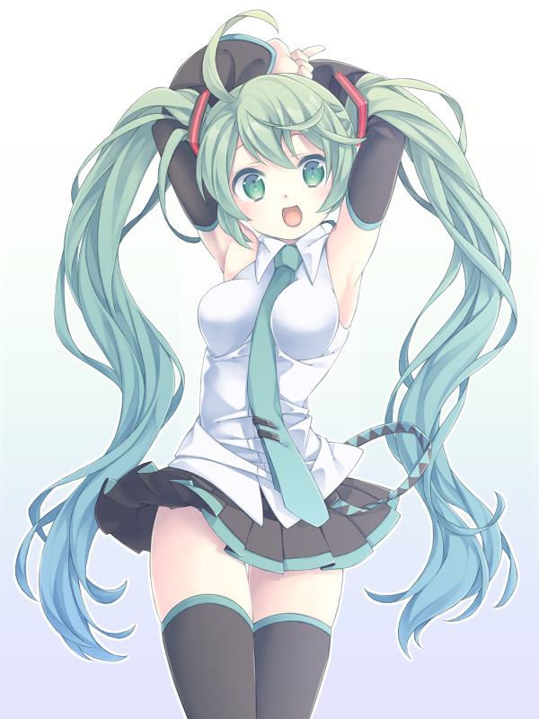 1girl, aqua_eyes, aqua_hair, armpits, arms_up, detached_sleeves, hatsune_miku, long_hair