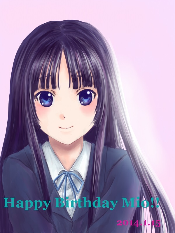 1girl, akiyama_mio, black_hair, blue_eyes, character_name, happy_birthday, k-on!, kaoru_(shunran), long_hair, ribbon, school_uniform, smile, solo