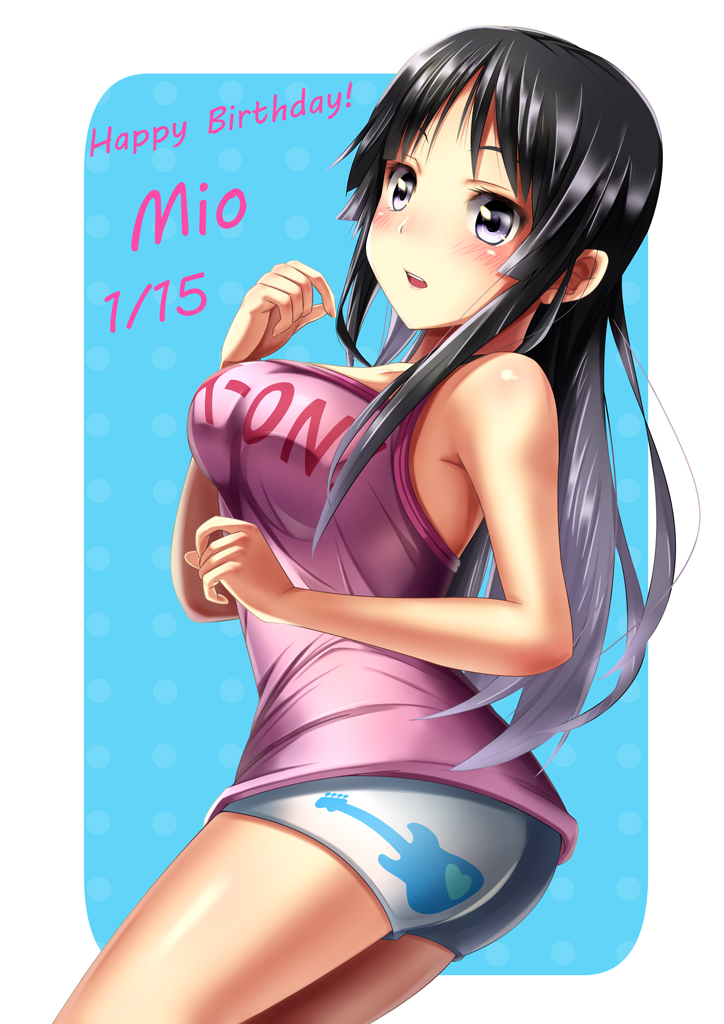 1girl, akiyama_mio, black_hair, blush, casual, character_name, fukuma, grey_eyes, happy_birthday, k-on!, long_hair, open_mouth, shorts, solo