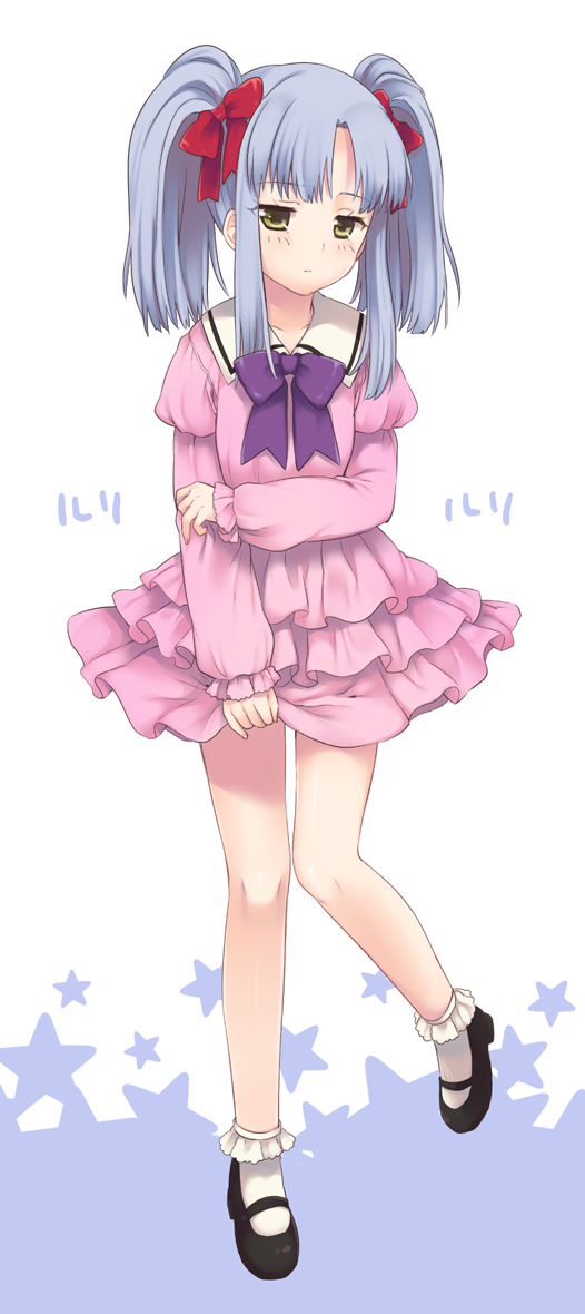 1girl, alternate_costume, blue_hair, bow, dress, embarrassed, frilled_dress, frills