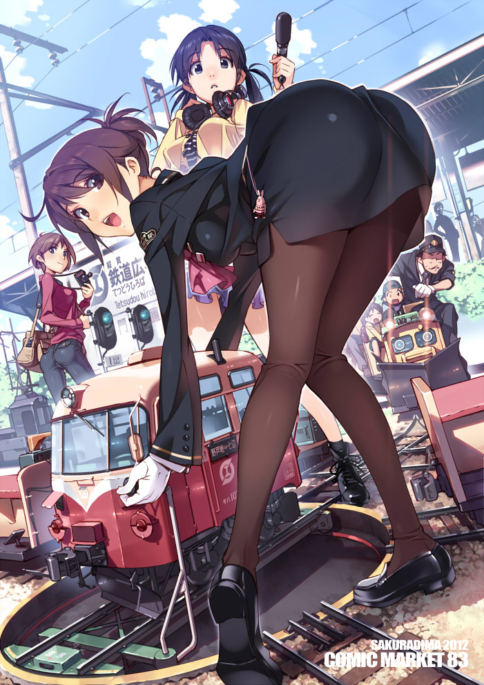 2boys, 3girls, 4girls, :d, ascot, ass, bag, bent_over